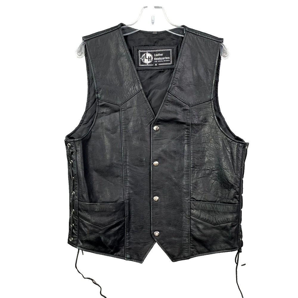 Vintage Leather Headquarters Vest Mens Medium American‎ Flag Motorcycle Biker
